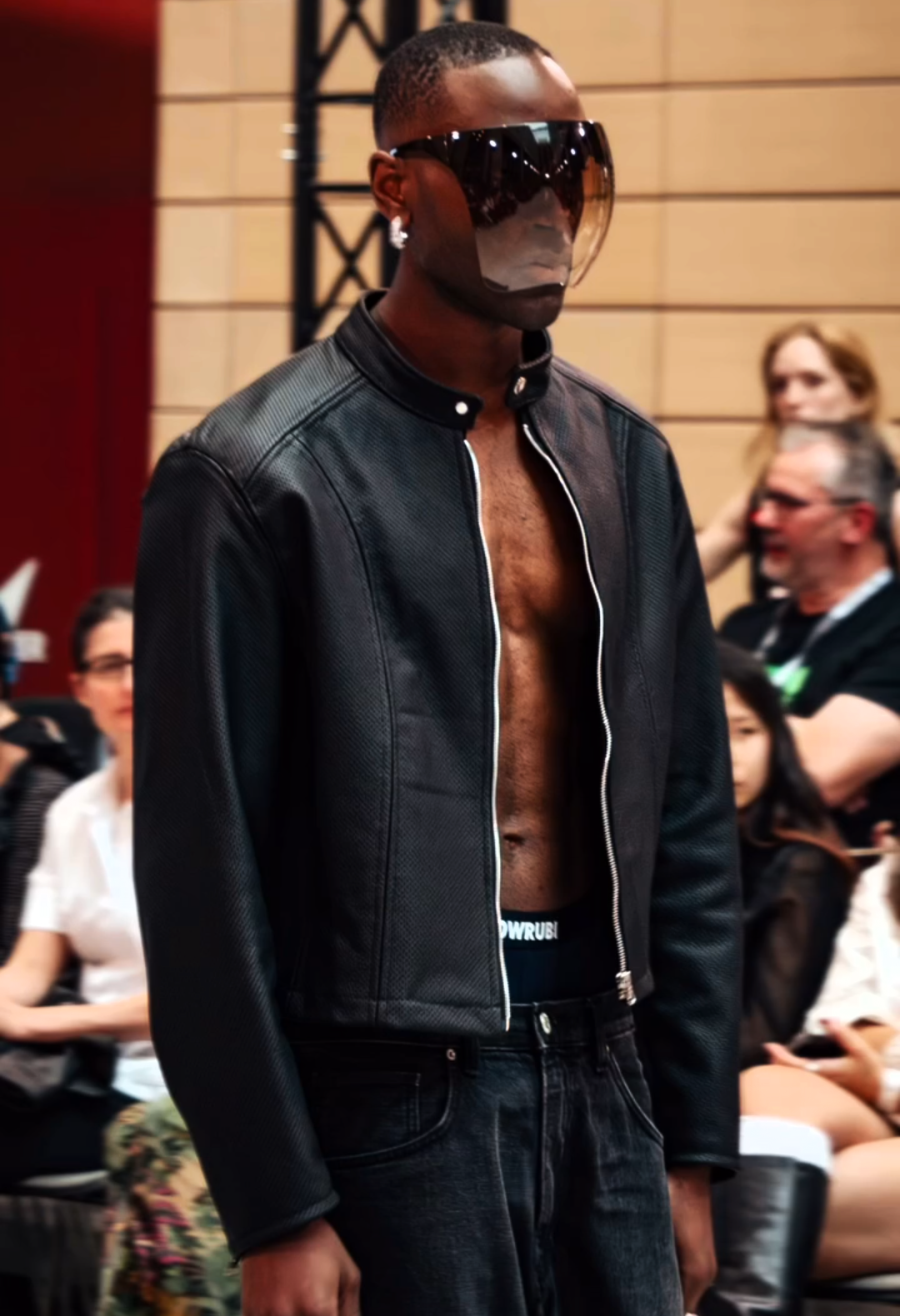 Peralta leather jacket on runway with Nowrubi