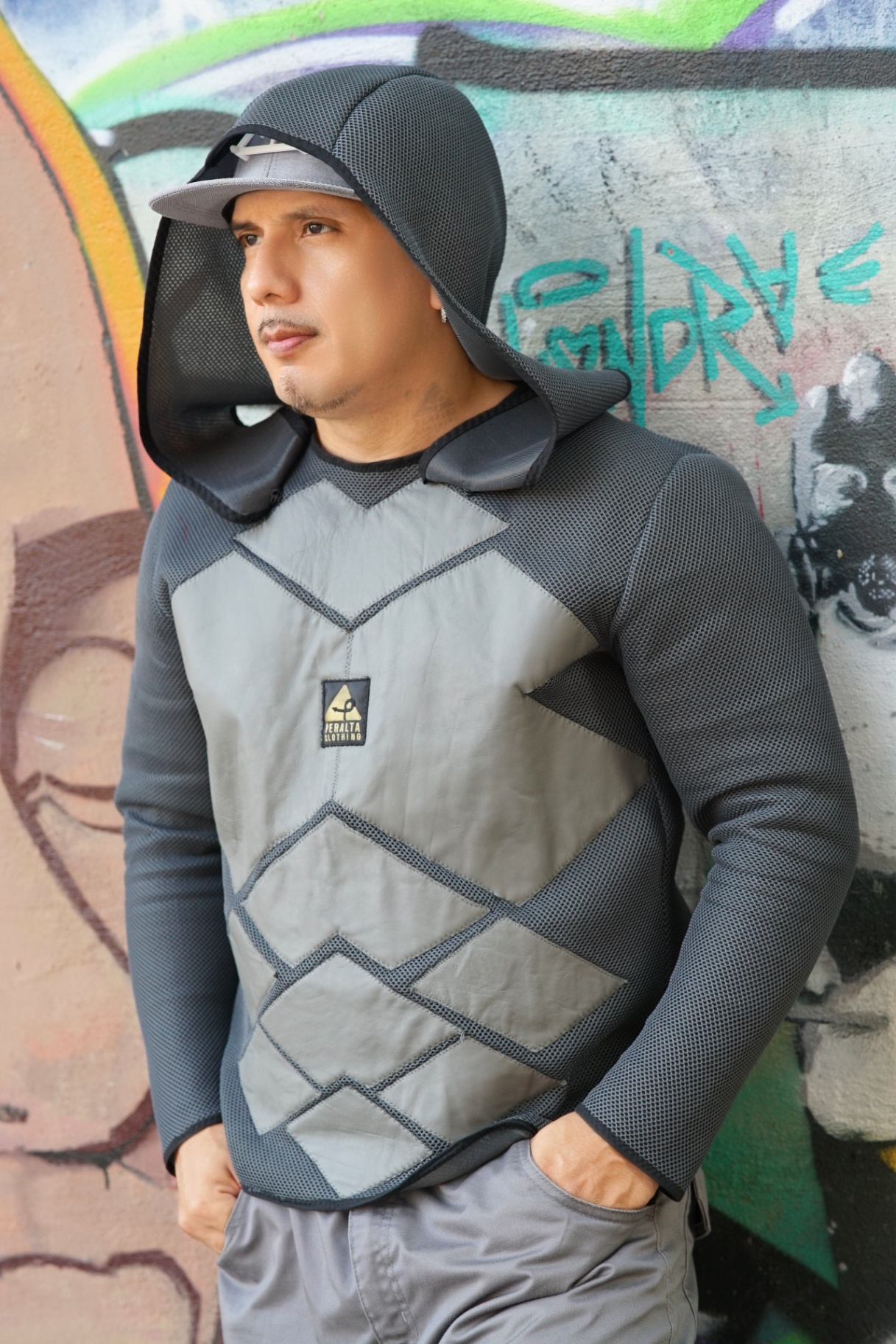 Peralta Clothing grey hooded jacket editorial