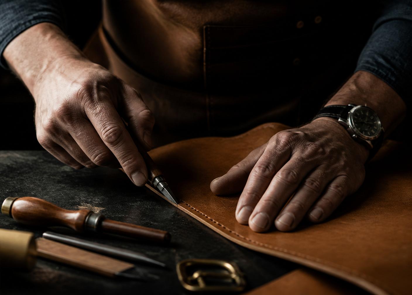 Artisan working with premium reclaimed leather
